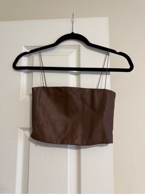 Brown Meshki Faux Leather Strapless Crop Top